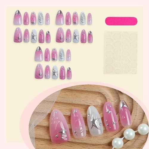 Auroriel 24 Stück Short Almond Press on Nails Pink mit 3D Stern- und Kreis-Design Wiederverwendbare Acrylic Fake Nails Full Cover für Frauen Party Alltag DIY Maniküre thumbnail 4