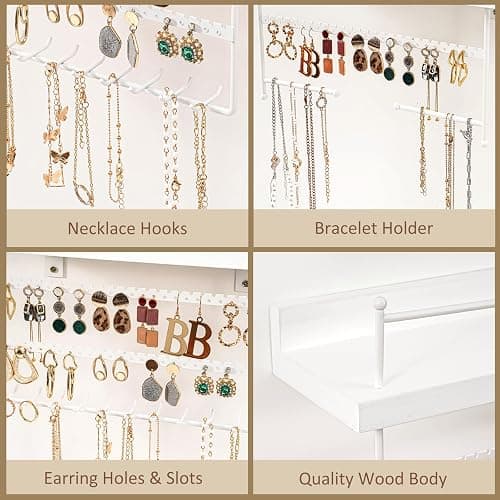 Lolalet Hanging Jewelry Organizer Wall Mount with Earrings, Bracelets, Necklaces Hooks - Easy Install Free Combination Jewelry Holder for Wall Bathroom - Set of 2, White thumbnail 6