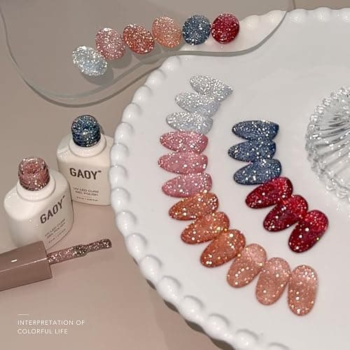 GAOY Reflective Glitter Gel Nail Polish Set, 6 Colors Red Pink Silver Holographic Sparkle Gel Kit, Soak Off UV Light Cure for Salon and Nail Art DIY at Home, Radiant Opulence thumbnail 3