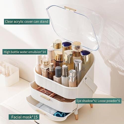 Makeup Organizer Storage Box, Cosmetics Display Case with Transparent Cover, Dust Waterproof Cosmetics Storage Box Suitable for Bathroom Countertop and Bedroom Vanity Dresser (White) thumbnail 4