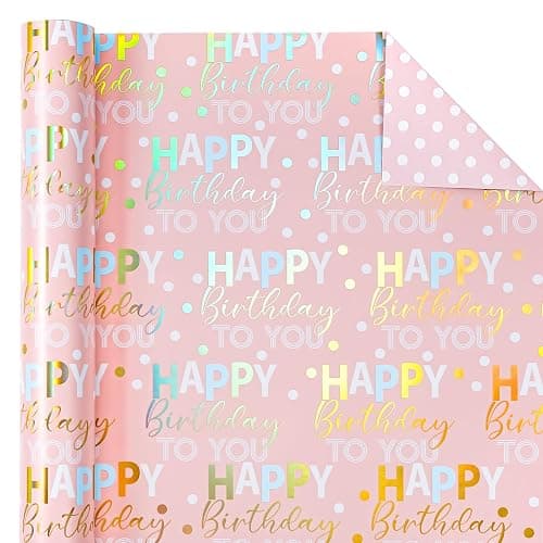 WRAPAHOLIC Reversible Birthday Wrapping Paper - Mini Roll - 17 Inch x 9.8 Feet - Rose Gold Foil and Iridescent Happy Birthday Wrapping Paper for Girls, Women, Baby Shower thumbnail 2