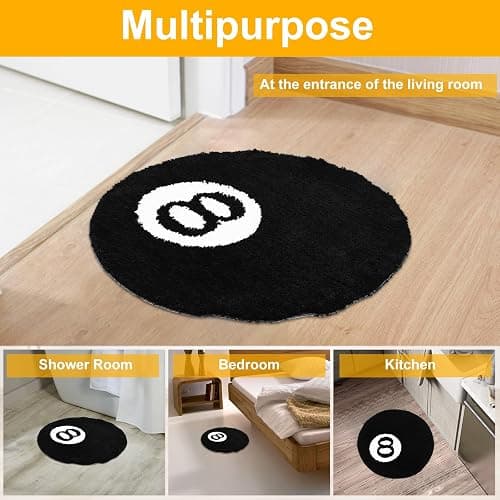Gatphy 8 Ball Rug Simulation Billiards Round Rugby Decorative Carpet 60CM 80CM Absorbent Non Slip Soft Bath Mat Machine Washable for Living Room Party Decorations (Black, 60X60) thumbnail 8