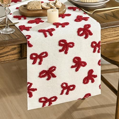 Artoid Mode Soft Coral Fleece Jacquard Red Bows Table Runner, Kitchen Dining Table Decoration for Home Party Decor 13x72 Inch - Image 1
