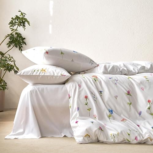 Wake In Cloud - Floral Comforter Set, Cottagecore Cute Aesthetic Watercolor Tiny Flowers and Leaves, Soft Lightweight Bedding for Women Teen Girls, 3 Pieces, White Multicolor, Queen Size thumbnail 4