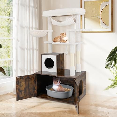 Tangkula Cat Tree with Litter Box Enclosure, Industrial Hidden Litter Box with Cat Tower, Sisal Scratching Posts, Hammock, Hanging Toy and Basket Bed, Condo, Wooden Cat Washroom for Indoor Cats thumbnail 9