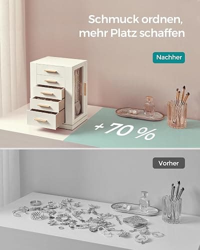 SONGMICS Schmuckkästchen 360° drehbar, Schmuckkasten 5 Schubladen, seitliche Glasfenster, geräumig, vertikale Schmuckaufbewahrung, offenes Design, Geschenkidee, weihnachten, wolkenweiß JBC170W01 thumbnail 7