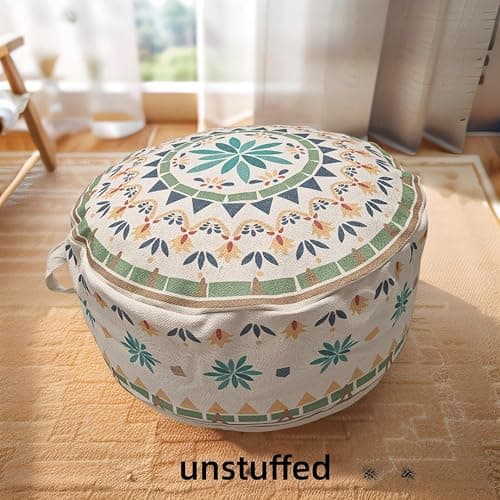 MOCOFO Round Bohemian Ottoman Pouf Cover, 18 Inch, Cotton Blend, Church Window Print, Living Room Storage Footrest, Cover Only (Green Diamond) thumbnail 3