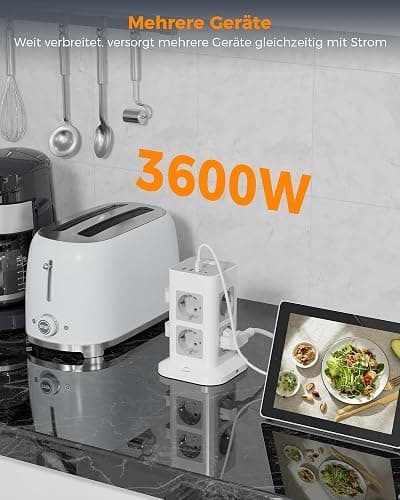 TESSAN 8 Fach Mehrfachsteckdose mit USB C, Verlängerungskabel 3M mit 4 USB und Steckdosenleiste Überspannungsschutz, 3600W Steckdosenturm mit Schalter, Steckdosenwürfel für Büro, Grau thumbnail 6