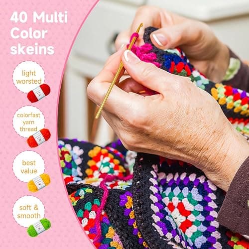 Inscraft 48 PCS Crochet Yarn Kit, 1400 Yards 40 Colors Acrylic Yarn Skeins, 2 Crochet Hooks, 2 Weaving Needles, 4 Stitch Markers, 1 Bag, Yarn for Crocheting & Knitting, Gift for Beginners and Adults thumbnail 5