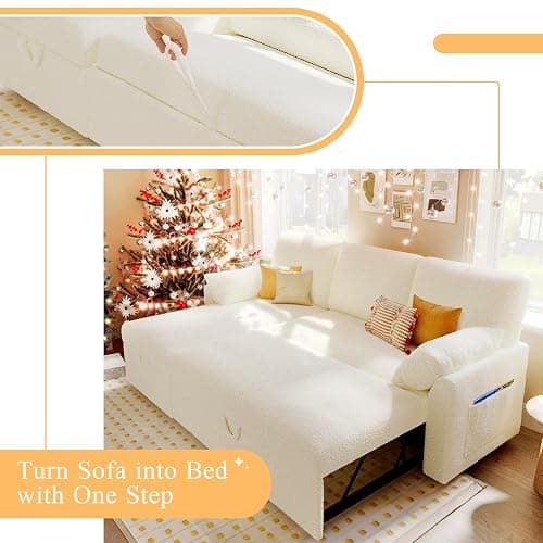 VanAcc Sofa Bed, Sleeper Sofa- 2 in 1 Pull Out Couch Bed with Storage Chaise for Living Room, White Sherpa 84in x 59in x 39in thumbnail 4