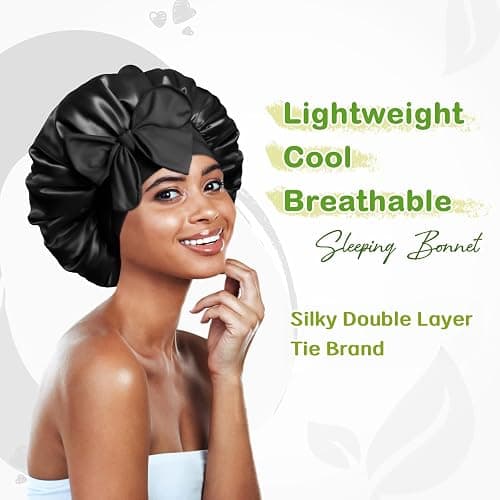 BONNET QUEEN Silk Bonnet for Sleeping Women Satin Bonnet Night Sleep Cap Scarf Wrap for Curly Hair with Tie Band,Black thumbnail 2