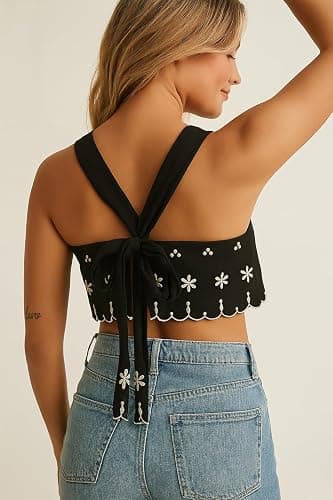 Hesaco Floral Embroidery Tie Back Summer Tank Tops for Women Sleeveless Crop Tops Y2k 2000s Going Out Coquette Clothes thumbnail 3