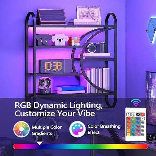 HOOBRO Gaming Floating Shelves with LED Lights, 28.9" LED Wall Mounted Shelf, 5-Tier Display Rack for Wall Storage, Floating Rack with Hanging Rod and 4 S-Hooks, for Game Room, Black BB50DBJ01 thumbnail 3
