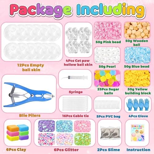 DIY Stress Ball Squishy Making Kit- 16 TPR Skins, 20 Fillers, Stress Ball Empty Bead Squishy Clear kit, Create ASMR Anxiety Relief Toys, Handmade Fidget Squishy Stress Balls, Party Favors for Party thumbnail 2
