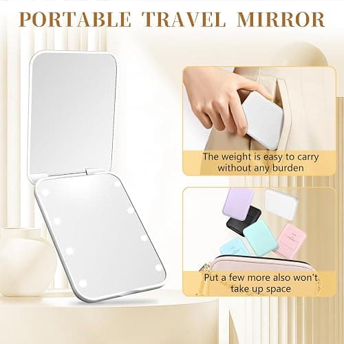 Compact Mirror with Light, 1X/3X Magnification LED Pocket Mirror for Women | Portable, Travel, Purse, Pocket, Gift, white, mini, small, essentials, led, fiberglass, batteries, rectangular thumbnail 6