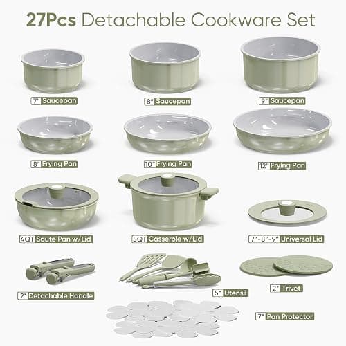 CAROTE 27pcs Ceramic Cookware Set Nonstick, Pots and Pans Set Non Stick, Non Toxic Cookware Detachable Handles, Dishwasher/Oven Safe, RV/Camping Cookware, Pan and Pot with Kitchen Utensils, Green thumbnail 3
