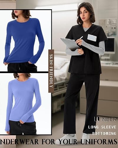 Neer 3 Pack Womens Underscrub Shirts Long Sleeve Crewneck Tops Fitted Layering Clothes Comfort Knit Tops for Nurse thumbnail 4