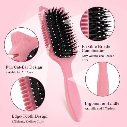 Tcsxady Curly Hair Brush, Curl Defining Brush for Effortless Curly Hair Care, Funny Cat Ear Type Curl Brush Suitable for Wet & Dry Hair,Women and Men,Reduces Frizz (Pink) thumbnail 6