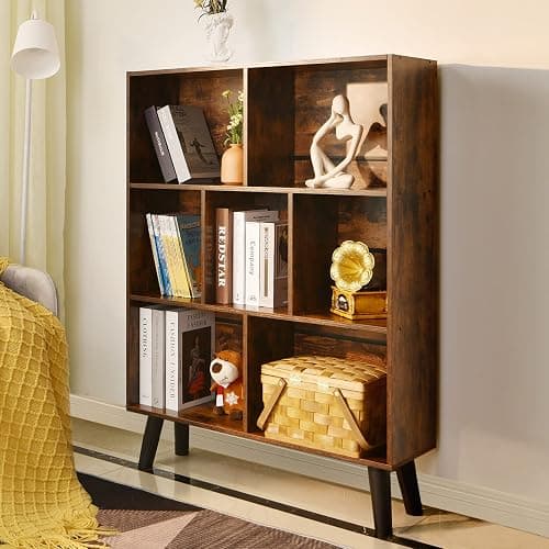 LEYAOYAO Cube Bookshelf 3 Tier Mid-Century Rustic Brown Modern Bookcase with Legs,Retro Wood Bookshelves Storage Organizer Shelf,Freestanding Open Book Shelves for Bedroom,Living Room,Office thumbnail 7