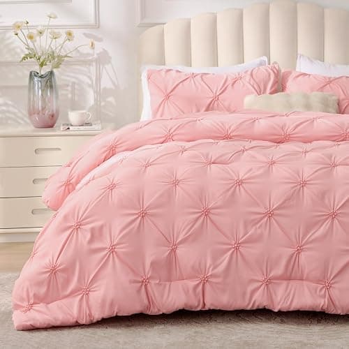 BEDELITE Pink Queen Comforter Set,Fluffy & Soft Comforter | Pintuck Boho Bedding, Warm & Cute Bed Set for All Season,With 2 Pillowcases - Image 1