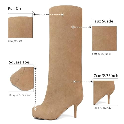 VOZTOLLS Women's Knee High Suede Boots for Women Wide Calf Square Toe Stiletto Heels Tall Boots Pull On High Heel Long Booties thumbnail 5