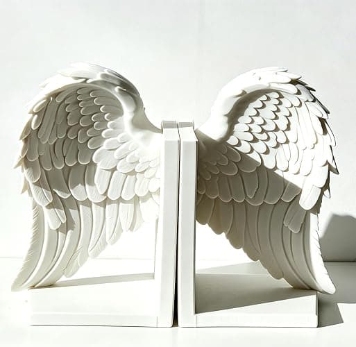 GdTenyuanHeki White Angel Wings Bookends, Artistic 3D Printed Book Stopper, Decorative Bookends for Home Office Desk, Bookshelf Organizer & Display, Stylish Room Decoration Gift - Image 1