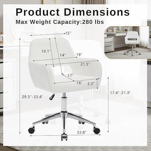 HJY Faux Fur Swivel Desk Chair, Makeup Vanity Chair with Silver Base, White | HENGJIANYI Modern Height Adjustable Fluffy Armchair Ergonomic 360° Swivel Office Chair with Hollowed Back thick cushion thumbnail 2