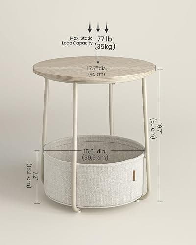 VASAGLE LILEA Collection - Small Round Side End Table, Modern Nightstand with Fabric Basket, Cream White ULET223K67 thumbnail 3