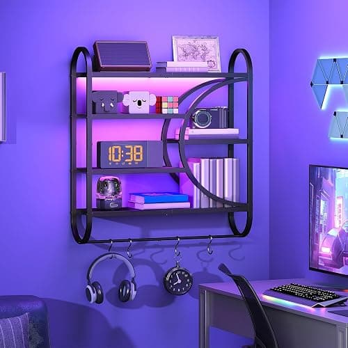 HOOBRO Gaming Floating Shelves with LED Lights, 28.9" LED Wall Mounted Shelf, 5-Tier Display Rack for Wall Storage, Floating Rack with Hanging Rod and 4 S-Hooks, for Game Room, Black BB50DBJ01 - Image 1