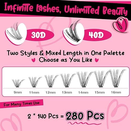 PRO Cluster Lashes Kit 280pcs Lash Clusters 30D+40D Individual Lashes Kit with Lash Bond and Seal Remover Applicator Easy to Apply at Home(30D+40D-9-16mix Kit) thumbnail 2