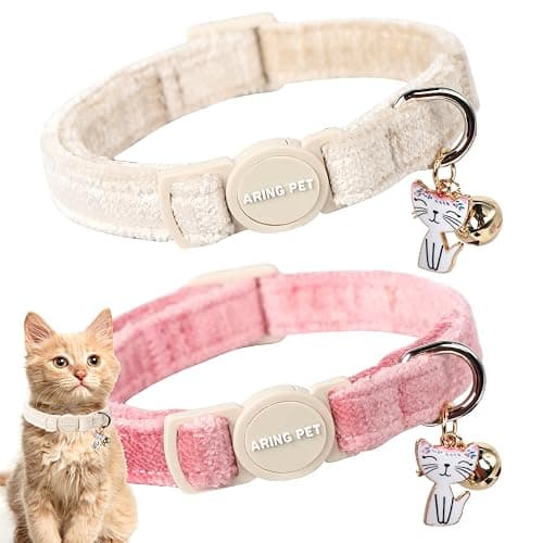 ARING PET 2 Pack Cat Collar-Cute Cotton Cat Collar with Bell & Pendant, Adjustable Pink Khaki Kitten Collars with Safety Buckle for Girl and Boy Pets - Image 1
