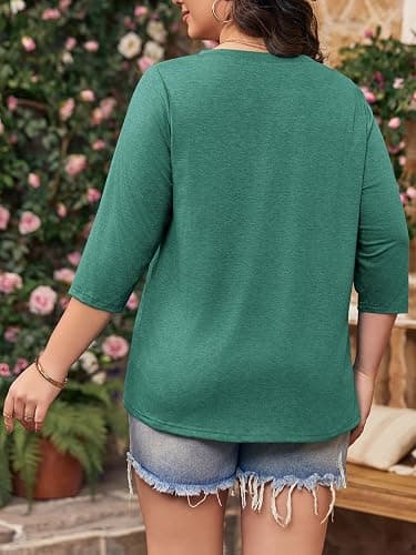 Tankaneo Women Plus Size Tops V Neck 3/4 Sleeve Casual T Shirts Loose Basic Tunic Tees thumbnail 2