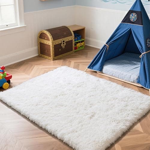 4x6 White Rug for Bedroom, Fluffy Shag Area Rug Small Rug Bedroom Carpet | Upgraded Non-Slip Rubber Backing, Ultra Soft Area Rugs for Living Room, Office, Home Decor, Elevate Your Space Ambiance thumbnail 2
