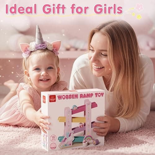 Lehoo Castle Wooden Car Ramp Toys for 1 Year Old Girl Birthday Gifts, Unicorn Montessori Toys for One Year Old, Wooden Race Track with 4 Rollers Toddler Toys for 2 Year Old Girl thumbnail 9