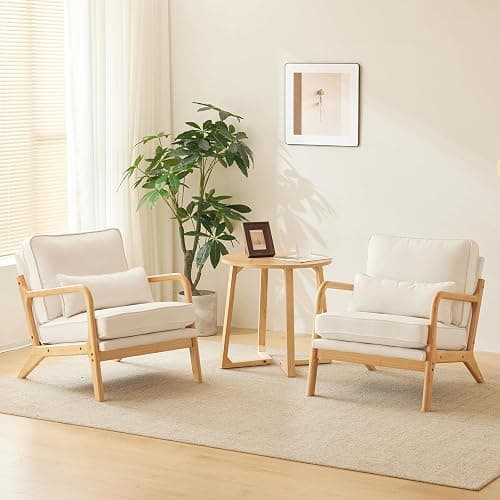 Karl home Accent Chair Mid-Century Modern Chair with Pillow Upholstered Lounge Arm Chair with Solid Wood Frame & Soft Cushion for Living Room, Bedroom, Balcony, Linen White (Low Back) thumbnail 6