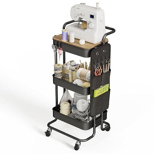 DTK 3 Tier Metal Utility Rolling Cart with Table Top and Side Bags, Tray Storage Organizer Wheels, Art Craft 4 Hooks for Kitchen Bathroom Office Living Room (Black) thumbnail 9