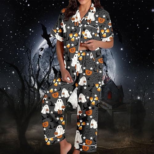 LVOFTJU Halloween Pajamas Women Fall Cute Satin Ghost Pumpkin Print Short Sleeve Button Top and Pants Matching Sleepwear thumbnail 3