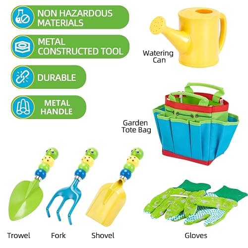 FITNATE Green Kids Garden Tools Set,6 PCS Gardening Tools for Kids Including Watering Can, Shovel, Rake, Fork, Children Gardening Gloves and Garden Tote Bag, All in One Set - Caterpillar thumbnail 4