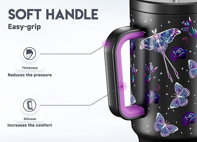 Meoky 40 oz Glow in the Dark Tumbler with Handle and Straw, Tumbler with Lid and Straw, Insulated Stainless Steel Travel Mug, 100% Leak-proof, Keeps Cold for 34 Hours (Butterfly) thumbnail 6