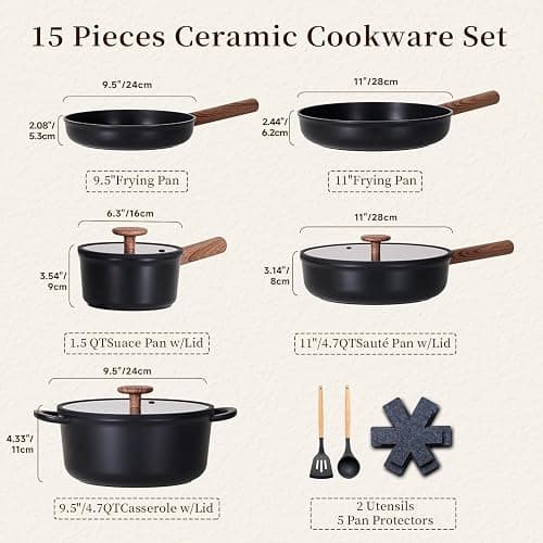 JEETEE Ceramic Cookware Set, 15 PCS Pots and Pans Set Non Stick with Removable Handles, Non Toxic Induction Kitchen Cookware Sets, Dishwasher/Oven Safe PFAS/PFOA Free Black thumbnail 3