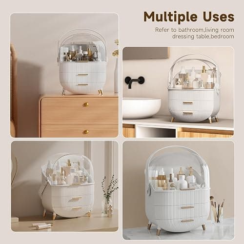 Warmiehomy Multi-Function Make Up Case Dustproof Cosmetic Storage Box, Organizer Skin Care Products Jewelry Organizer skin care organiser for Bedroom Bathroom Desktop (White) - White thumbnail 6