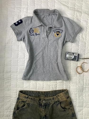 Y2k Grunge Polo Collared Shirts Women Button Down Crop Top 2000s Emo Vintage Streetwear Summer thumbnail 6