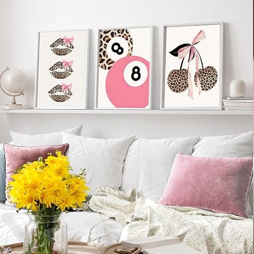 Trendy Pink Leopard Bow Wall Art Set of 3 Funky Cherry Lucky 8 Ball Posters Prints Cute Coquette Preppy Room Aesthetic Wall Decor Pictures for Girls Bedroom Apartment Dorm Unframed 12x16in thumbnail 5