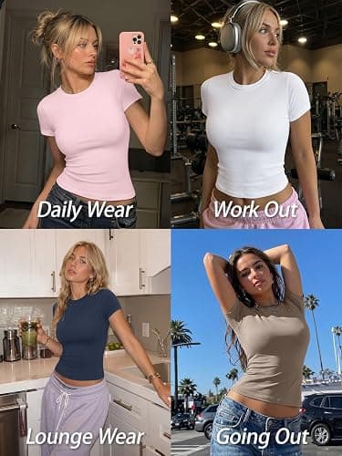 Trendy Queen Womens Short Sleeve T Shirts - Buttery Soft Summer Crop Tops Slim Fit Y2k Basic Tees for Workout thumbnail 6