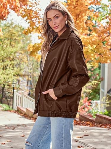 AUTOMET Womens Oversized Leather Jackets Faux Suede Fall Fashion Motorcycle Coats Winter Outfits Clothes Y2k Tops - Small - Caramel thumbnail 3