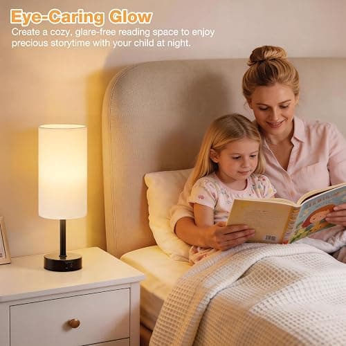 PreeOtti Bedside Lamps Set of 2, Dimmable White Bed Side Lamp with 2 USB Charging Ports, Black Base (Bulbs Included) thumbnail 5
