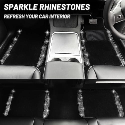 NBTEPEM 12 Pcs Bling Car Accessories Set for Women Car Floor Mats Full Set Steering Wheel Cover Seat Belt Covers Coasters Universal Fit Car SUV Truck Van Black thumbnail 3