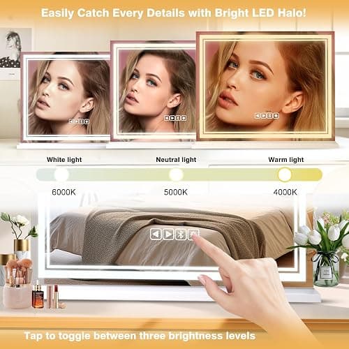 MKupView 27.6"X21.7" Wall-Mounted Mirror Large Vanity Mirror with LED Lights & Play Music Vanity Mirror Touch Screen with 3-Color Lighting Memory Function USB Charging & Magnifying Glass - 21.7"L x 27.6"W thumbnail 4