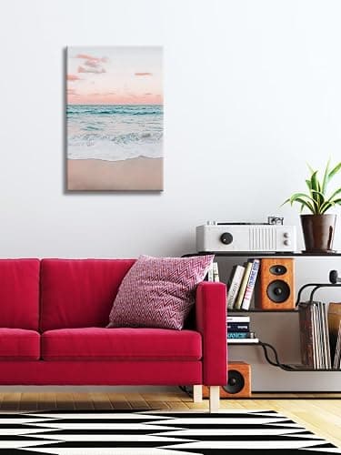 Modern Pastel Aesthetic Sunset Beach Wall Art Minimalist Serene Ocean Sky Canvas Picture Funny Trendy Romantic Blush Pink Wave Artwork for Office Bedroom Bathroom Decor 12x16inch Unframed thumbnail 5