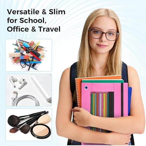 Pencil Pouch for 3 Ring Binder - 3 Hole Zipper Pen Case Bag Holder Bulk Accessories Clear Window Aesthetic Organizer Pockets (Hot Pink) thumbnail 4